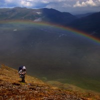 Hiking under rainbow, Denali National Park, AK