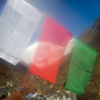 Jhomolhari through prayer flags, Bhutan